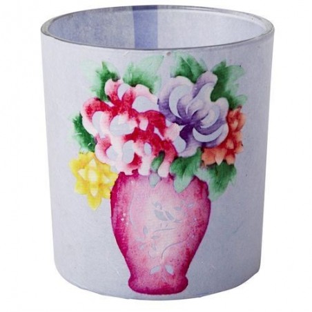 Photophore en verre - Rice - Bouquet de fleurs - bleu