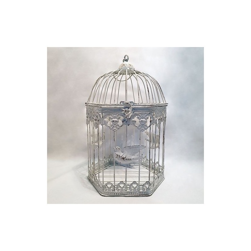 Cage décorative hexagonale - Country casa - Oiseaux blancs