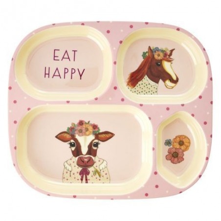 Assiette enfant Rice à compartiments - Farm animals - Pink