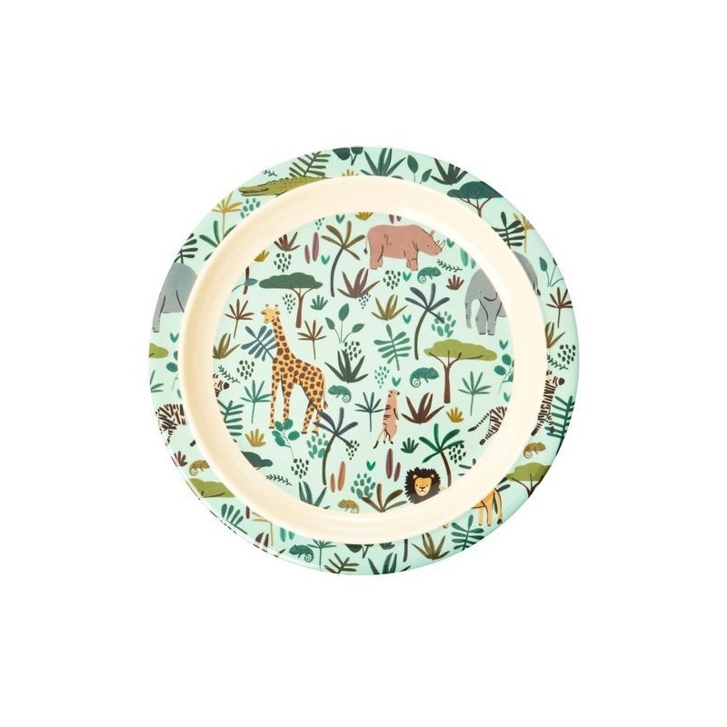 Assiette plate à rebord - Rice - All over jungle animals - Green