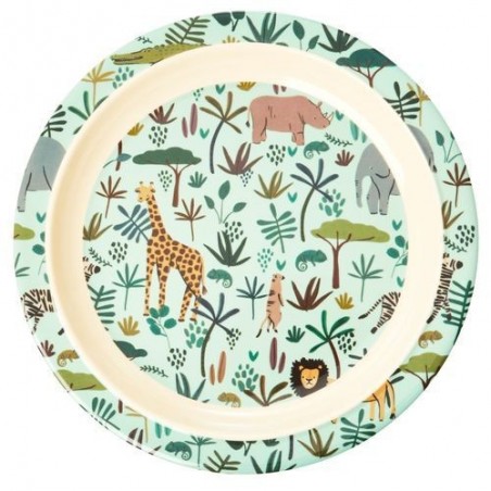 Assiette plate à rebord - Rice - All over jungle animals - Green