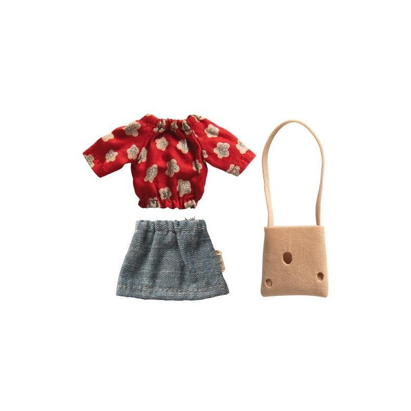 Vêtement maman souris - Micro - Maileg - Jupe jeans / Top rouge à fleurs