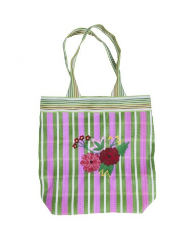 Sac cabas - Shopping bag - Rice - plastique recyclé - Rayé vert et bouquet BGPLA-EMBR