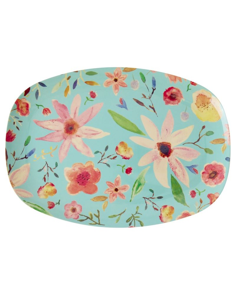 Assiette rectangulaire mélamine - Plateau Rice - Selma flower mint - MELPL-SELFMI