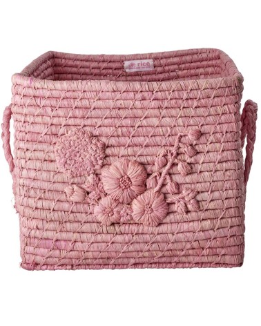 Corbeille Raphia - Rice - Broderie florale - Pink - BSRAT-30FLOI