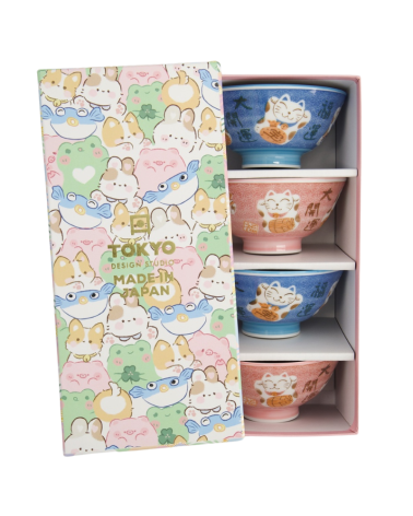 Coffret de 4 bols - Kawaii Lucky Cat - Blue and Pink - Tokyo Design - 33360