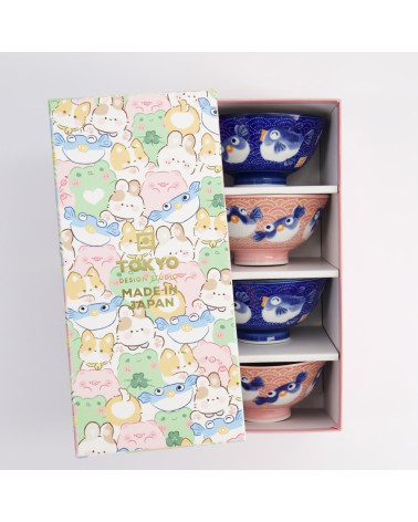 Coffret de 4 bols - Kawaii Blowfish - Blue and Pink - Tokyo Design - 33361