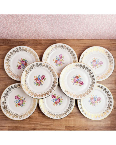 Lot de 8 assiettes à dessert - Fleurs liseré doré - 18.5 cm