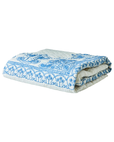 Grande couverture brodée - Blanche et bleue - Coton - Rice