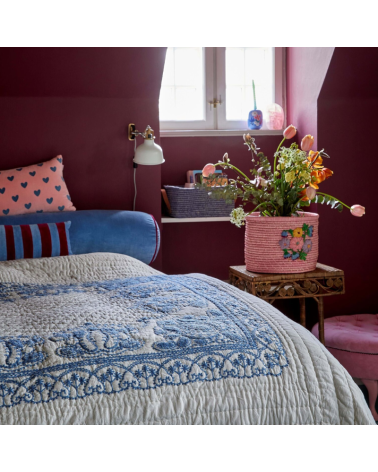 Grande couverture brodée - Blanche et bleue - Coton - Rice - BEDSP-W